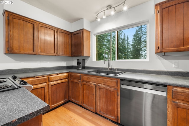 kitchen featuring sink, light hardwood / wood-style flooring, and stainless steel dishwasher