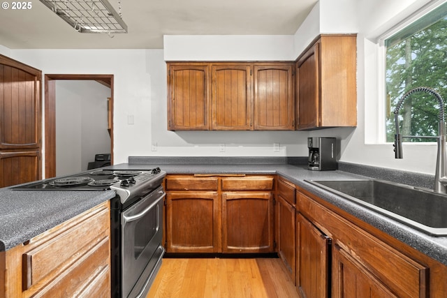 kitchen with light hardwood / wood-style flooring, sink, a wealth of natural light, and stainless steel electric stove