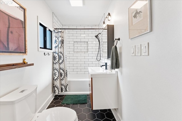 full bathroom featuring shower / bath combination with curtain, vanity, and toilet