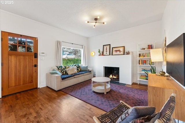 living room with dark hardwood / wood-style floors and a textured ceiling