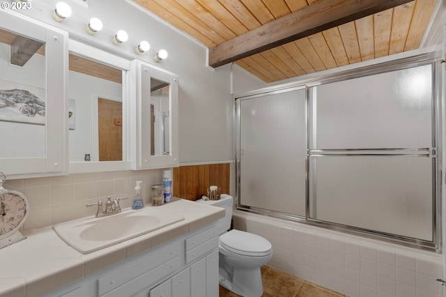 bathroom featuring tasteful backsplash, toilet, wood ceiling, enclosed tub / shower combo, and beamed ceiling