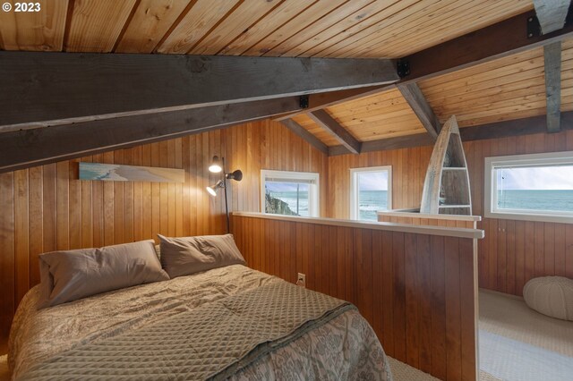 interior space with lofted ceiling with beams, wood walls, a healthy amount of sunlight, and wooden ceiling