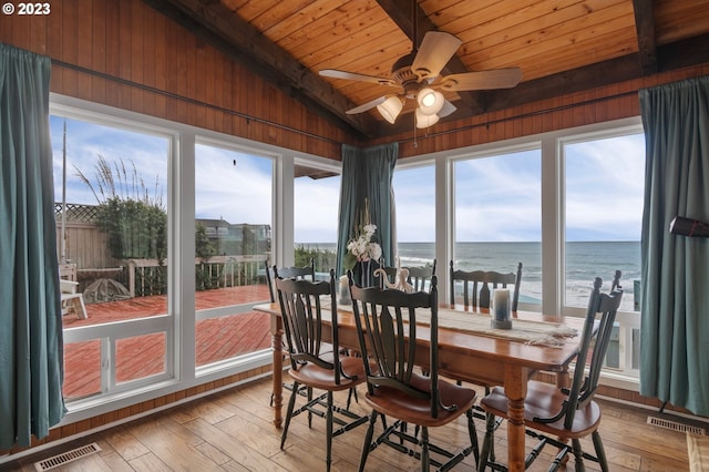 sunroom / solarium featuring vaulted ceiling with beams, a water view, wooden ceiling, and visible vents