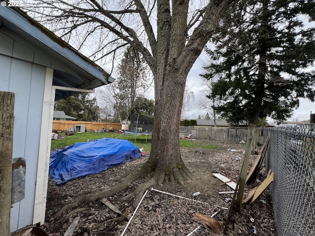 view of yard featuring a fenced backyard and a trampoline