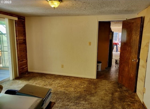 spare room featuring a textured ceiling, dark carpet, and a wealth of natural light