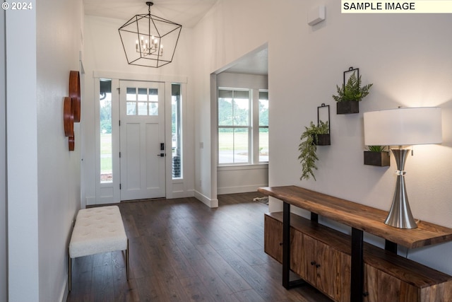 foyer entrance with a notable chandelier and dark hardwood / wood-style floors