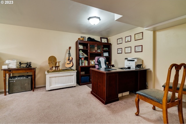 home office featuring light colored carpet