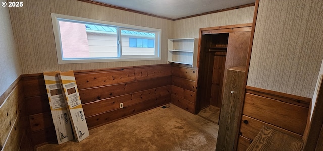 29545 Bailor St, Gold Beach, OR 97444 - unfurnished bedroom featuring wallpapered walls, ornamental molding, and carpet flooring