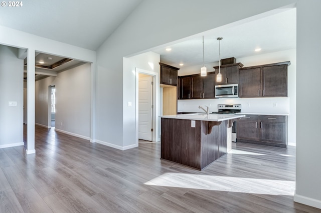 kitchen featuring appliances with stainless steel finishes, light hardwood / wood-style flooring, an island with sink, and decorative light fixtures