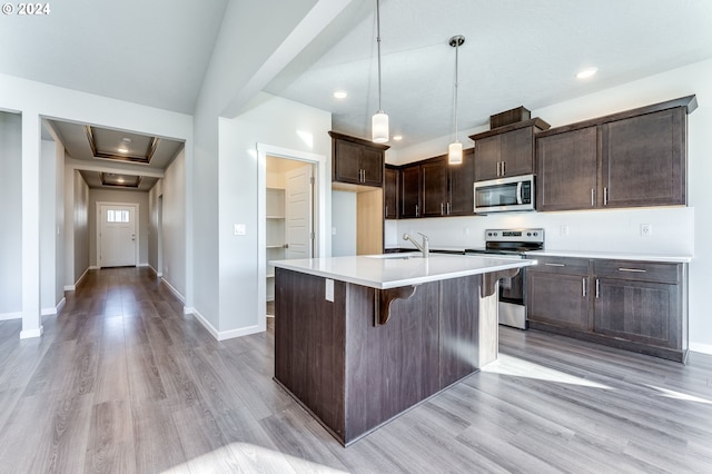 kitchen featuring a center island with sink, hanging light fixtures, sink, light hardwood / wood-style floors, and stainless steel appliances