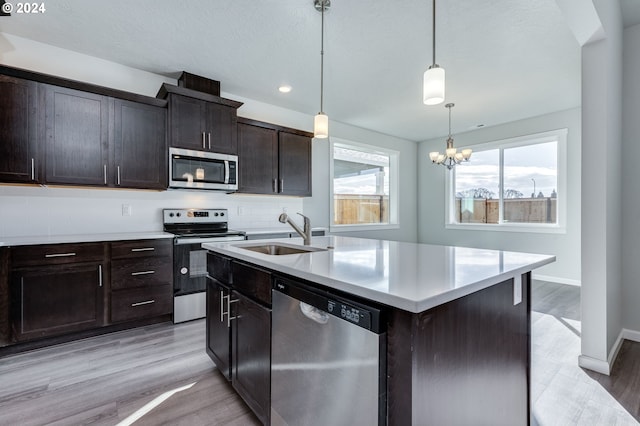 kitchen with sink, light wood-type flooring, stainless steel appliances, pendant lighting, and a kitchen island with sink