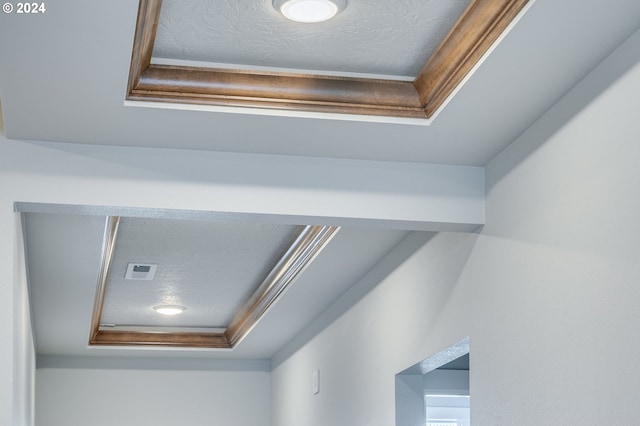 room details featuring a textured ceiling and a tray ceiling