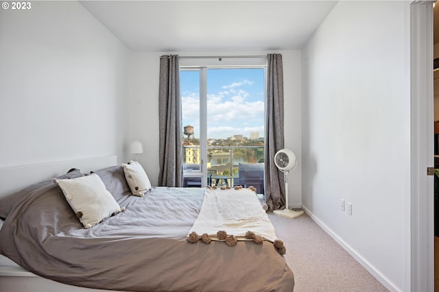 bedroom with light colored carpet