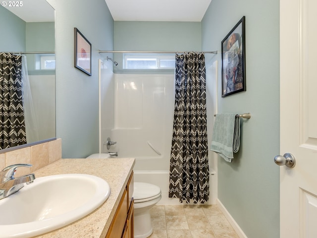 bathroom with toilet, tile patterned flooring, shower / tub combo with curtain, and vanity