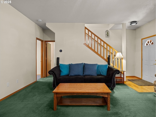 65679 E Alpine Way, Rhododendron, OR 97049 - carpeted living room featuring stairway and baseboards