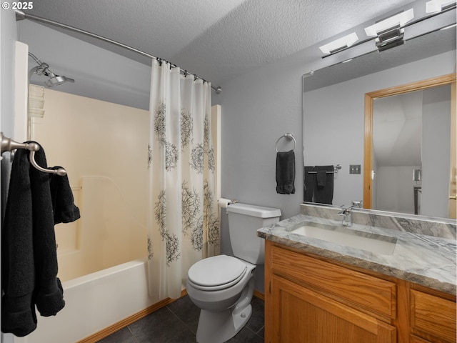 65679 E Alpine Way, Rhododendron, OR 97049 - full bathroom featuring tile patterned flooring, shower / tub combo with curtain, vanity, toilet, and a textured ceiling