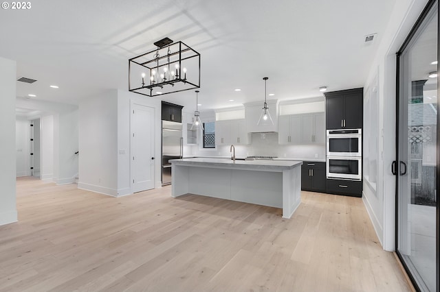 kitchen with light hardwood / wood-style floors, stainless steel appliances, tasteful backsplash, an island with sink, and pendant lighting