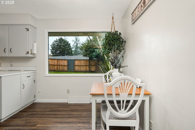 dining area featuring a baseboard heating unit and dark hardwood / wood-style floors