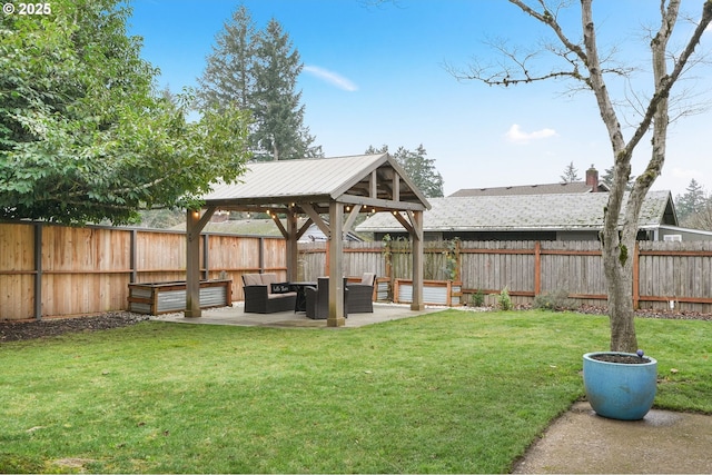 view of yard with a gazebo, an outdoor hangout area, and a patio