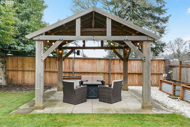 view of patio featuring a gazebo and an outdoor living space