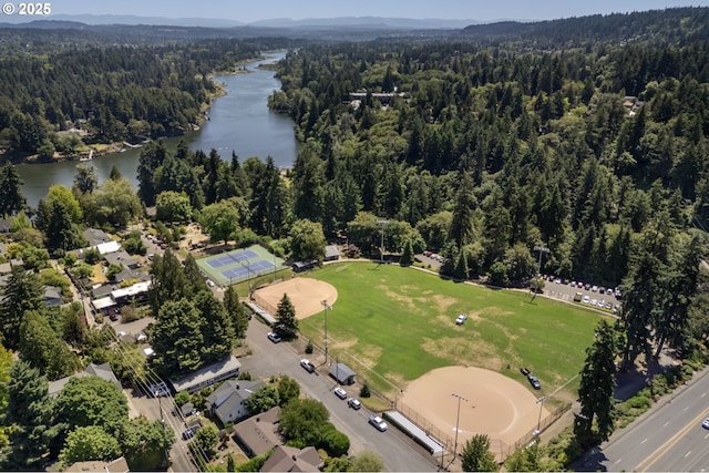 420 S State St, Lake Oswego, OR 97034 - aerial view of property and surrounding area featuring a heavily wooded area and a water and mountain view
