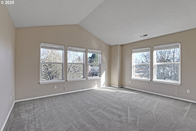 spare room with lofted ceiling, carpet flooring, visible vents, and a textured ceiling