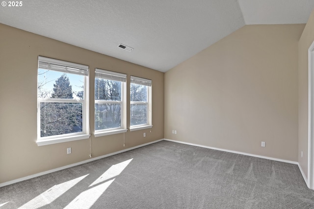 carpeted spare room with visible vents, lofted ceiling, a textured ceiling, and baseboards