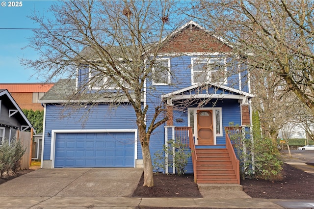 traditional-style house with concrete driveway, a garage, and roof with shingles