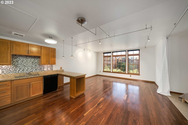 kitchen featuring black dishwasher, dark hardwood / wood-style flooring, rail lighting, and sink