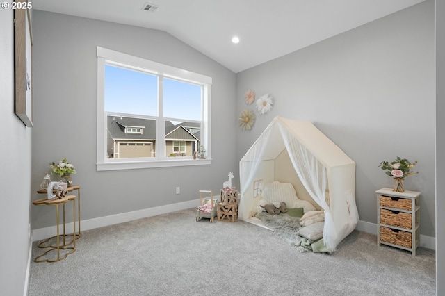 game room with lofted ceiling and carpet flooring