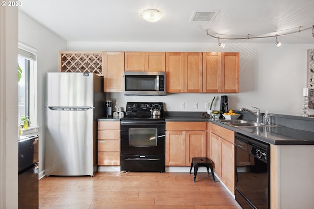 kitchen with sink, light hardwood / wood-style flooring, black appliances, and a wealth of natural light