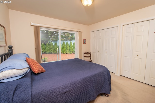 carpeted bedroom featuring multiple closets and access to outside