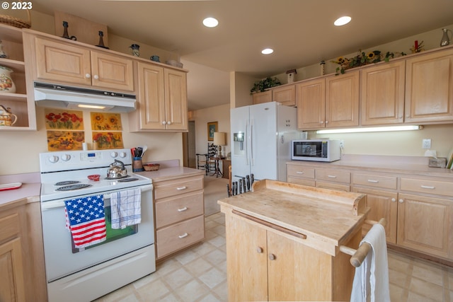 kitchen featuring wooden counters, white appliances, light tile floors, light brown cabinetry, and a kitchen island