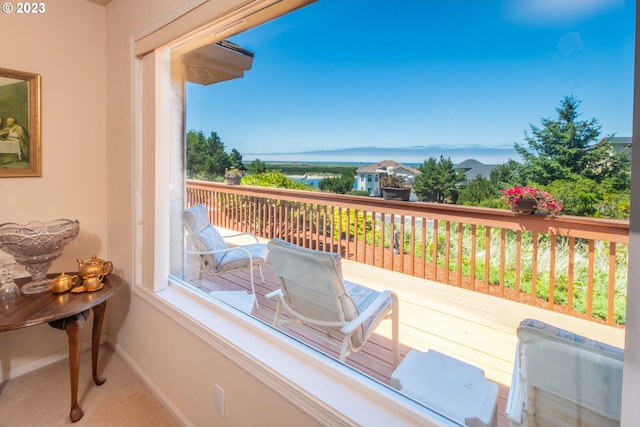 interior space with a water view