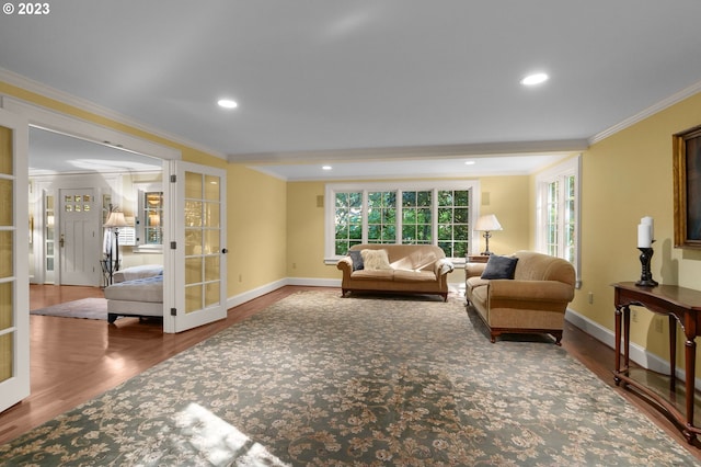 living room featuring dark hardwood / wood-style floors, french doors, and ornamental molding