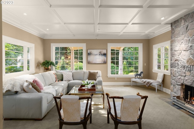 carpeted living room with coffered ceiling and a fireplace