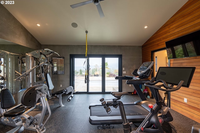 33723 Van Duyn Rd, Eugene, OR 97408 - gym featuring lofted ceiling, a ceiling fan, and recessed lighting
