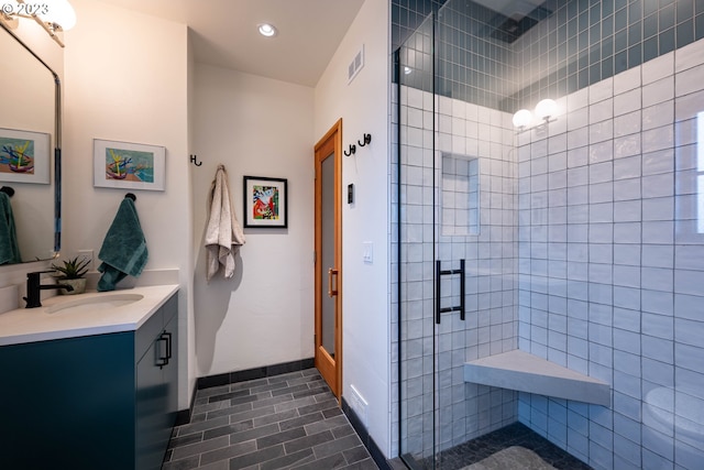 33723 Van Duyn Rd, Eugene, OR 97408 - bathroom featuring a shower stall, vanity, recessed lighting, and baseboards