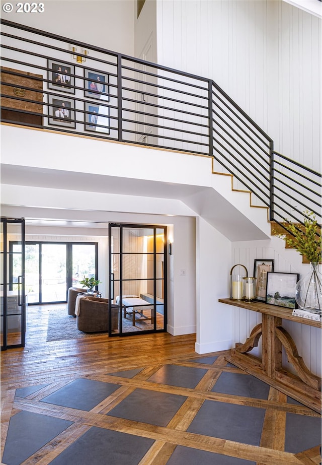 33723 Van Duyn Rd, Eugene, OR 97408 - stairway featuring baseboards and a high ceiling