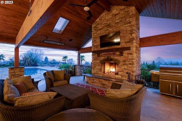 33723 Van Duyn Rd, Eugene, OR 97408 - view of patio / terrace with a ceiling fan, an outdoor living space with a fireplace, and an outdoor pool