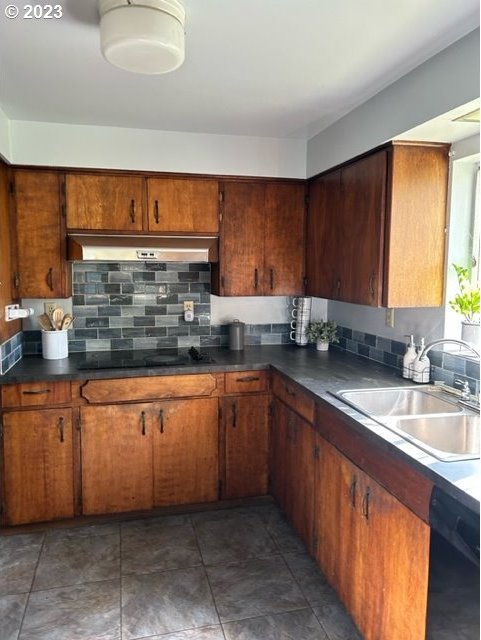 kitchen with ventilation hood, sink, tasteful backsplash, and black appliances