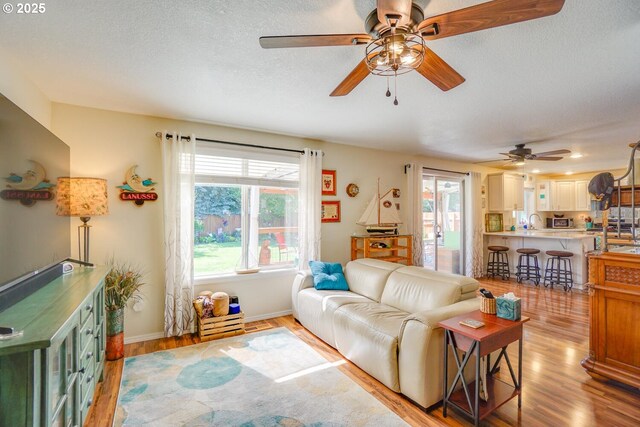 10614 NE 113th Ave, Vancouver, WA 98662 - living room with ceiling fan, healthy amount of natural light, light wood-style floors, baseboards, and a textured ceiling