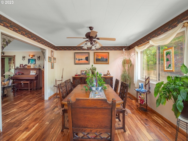 dining space featuring ceiling fan, crown molding, and dark wood-type flooring