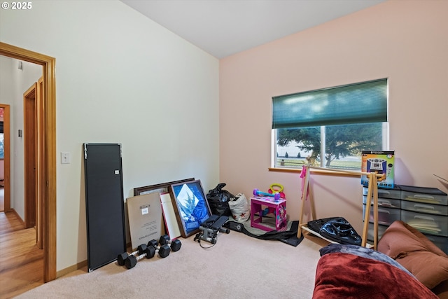 interior space featuring light carpet