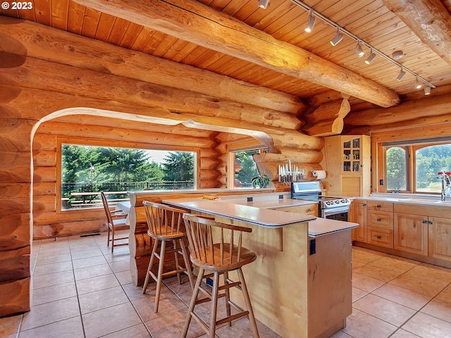 kitchen featuring log walls, light tile floors, rail lighting, stainless steel electric range oven, and wooden ceiling