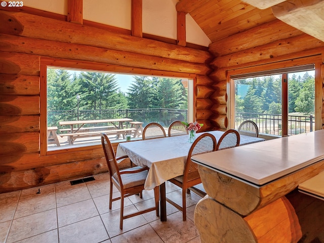 dining space featuring light tile floors, rustic walls, wood ceiling, a wealth of natural light, and lofted ceiling