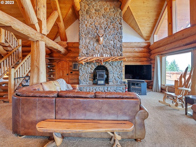 living room featuring carpet, log walls, a fireplace, and wooden ceiling