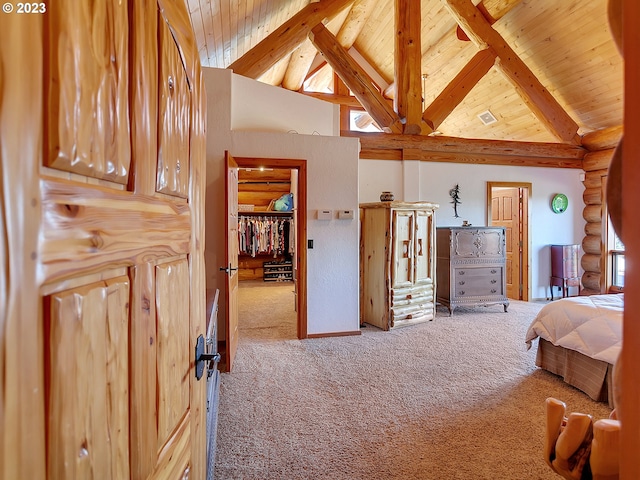 bedroom featuring log walls, high vaulted ceiling, beam ceiling, and light carpet