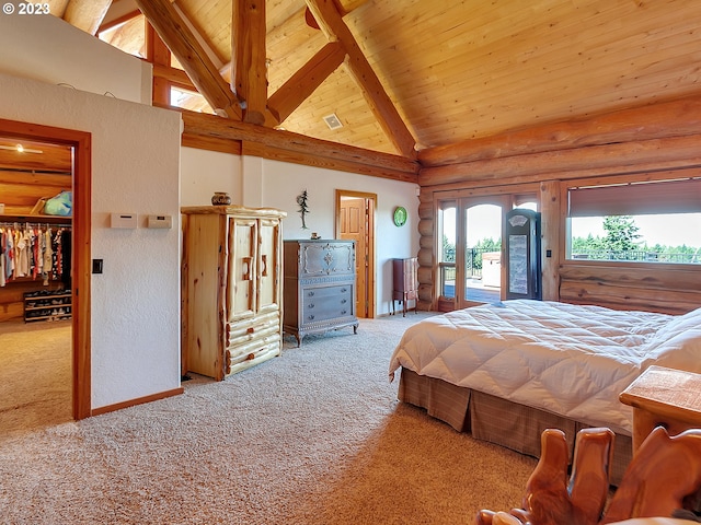 carpeted bedroom featuring rustic walls, wooden ceiling, high vaulted ceiling, and beamed ceiling