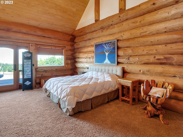 bedroom featuring light carpet, log walls, access to outside, and high vaulted ceiling